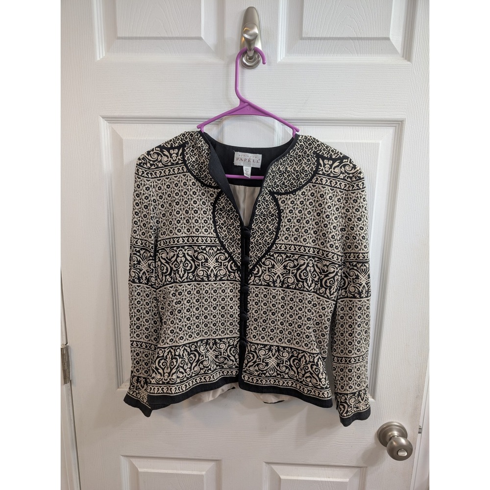 Adrianna Papell Blazer Women Silk Fleur de Lis Button Front Jacket  Vtg - Size 6